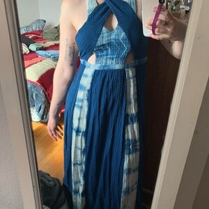 Indigo Blue Halter Maxi Summer Formal Dress Full Length Cotton Comfy Cute Lovely